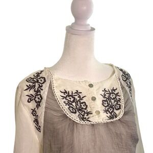 Sundance Women's Gray White Black Embroidered Silk Cotton Long Sleeve SZ L